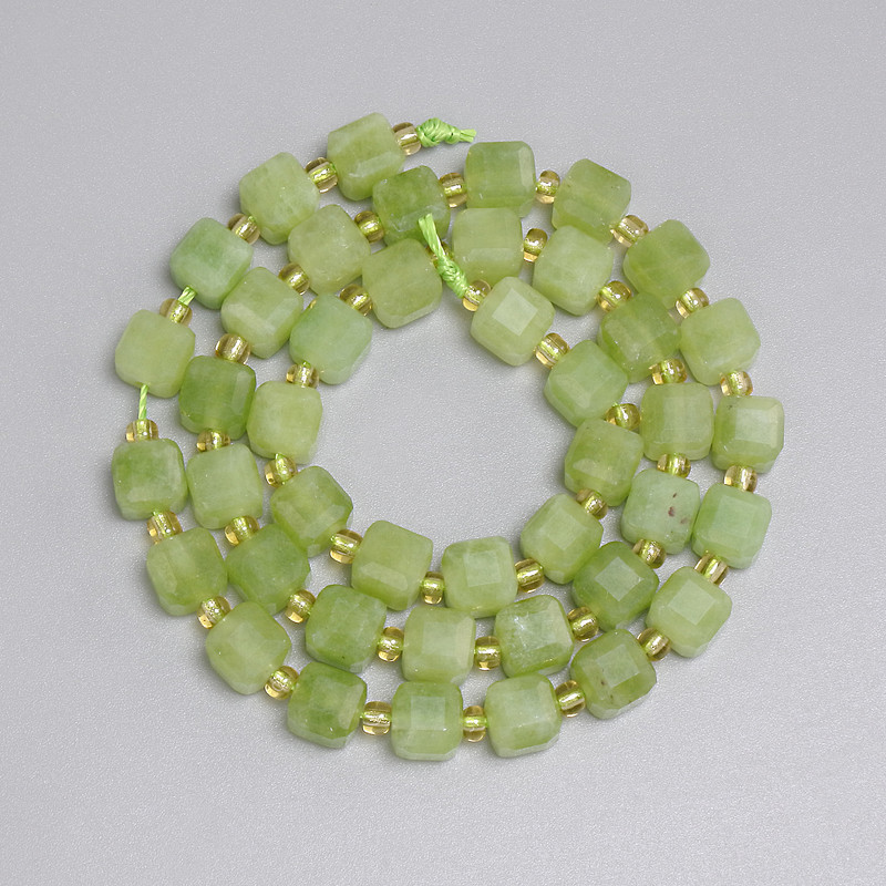 Chrysoprase (Olivine) Beads, Faceted Cube 6x6 mm, Seed Beads 3 mm, Length approx. 37 cm on string