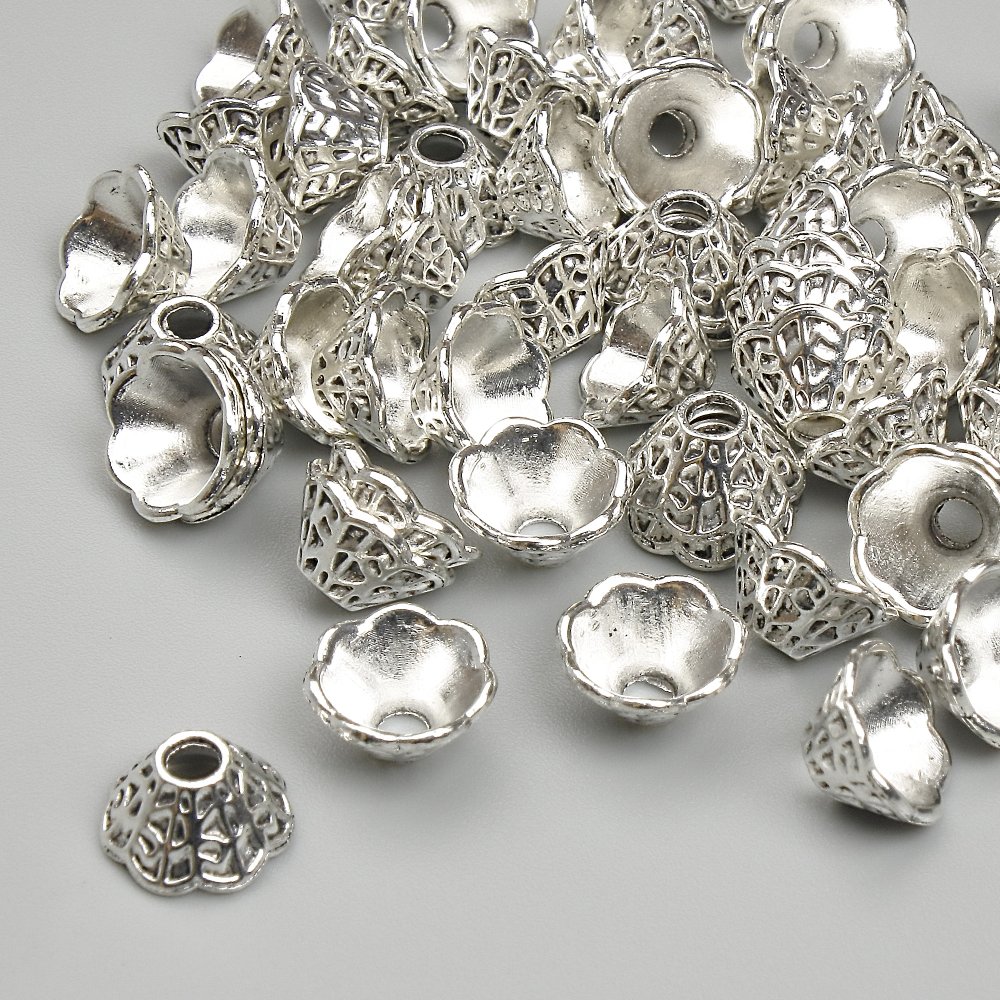 Bead cap findings, 4x8 mm, hole approx. 2 mm, silver-tone metal, pack ~62 pieces