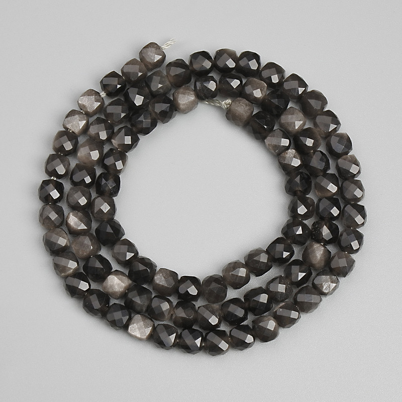 Beads Silvery Obsidian Faceted Cube 4x4 mm, 39 cm length on thread