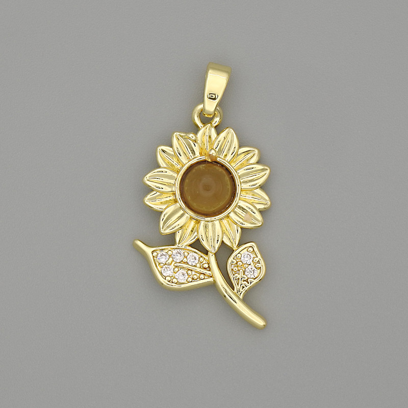 Sunflower Pendant in Golden Metal with White Crystals, 30×17 mm diameter