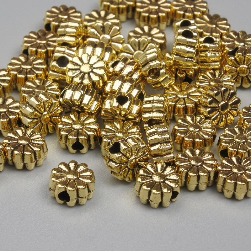 Gold-tone bead insert findings, 6×3 mm, hole diameter ~1.3 mm, packaging 20 g (~50 pcs)