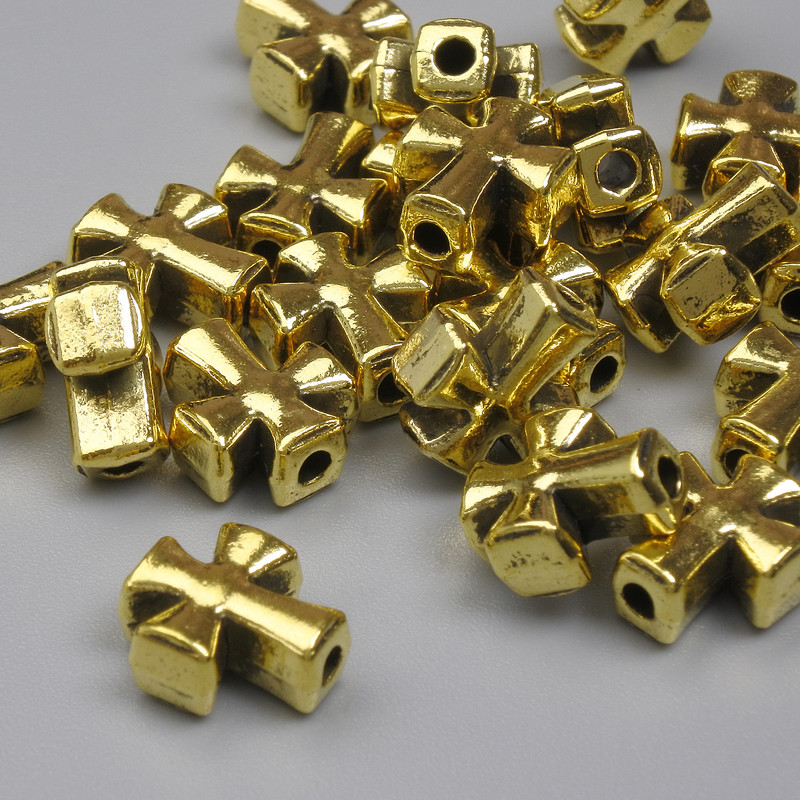 Cross-shaped bead insert, gold-colored metal, 9×8 mm, hole diameter approx. 1.7 mm, packaging 20 g (~21 pcs)