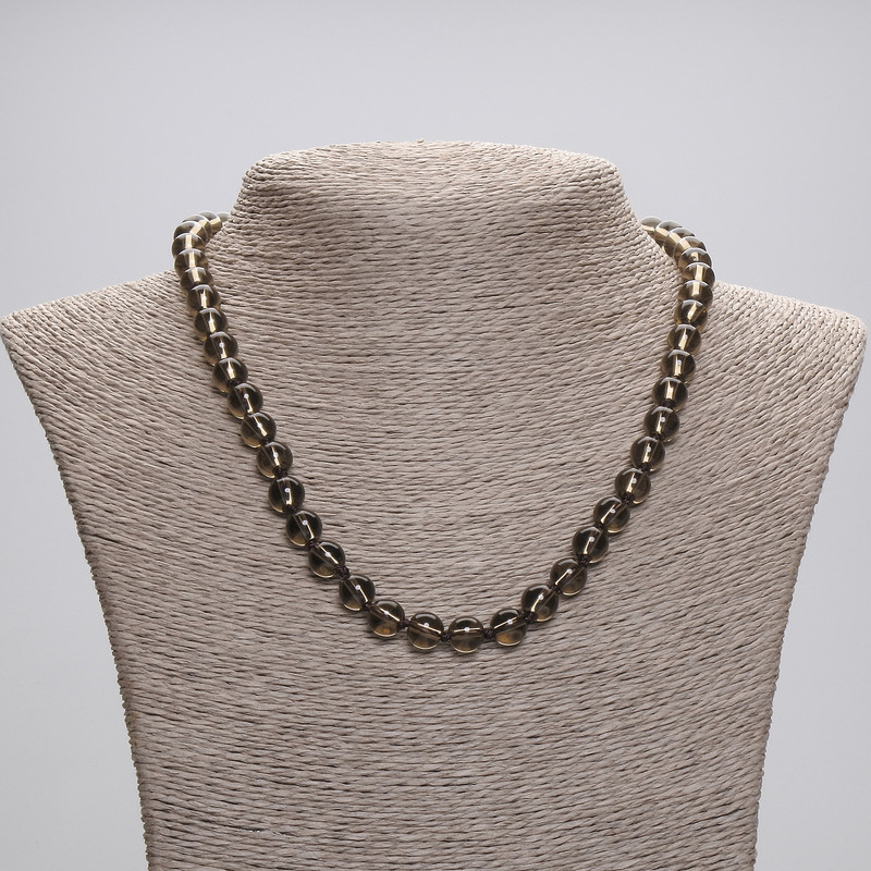 Smoky quartz necklace with smooth beads, 8mm diameter, 45 cm length, with clasp
