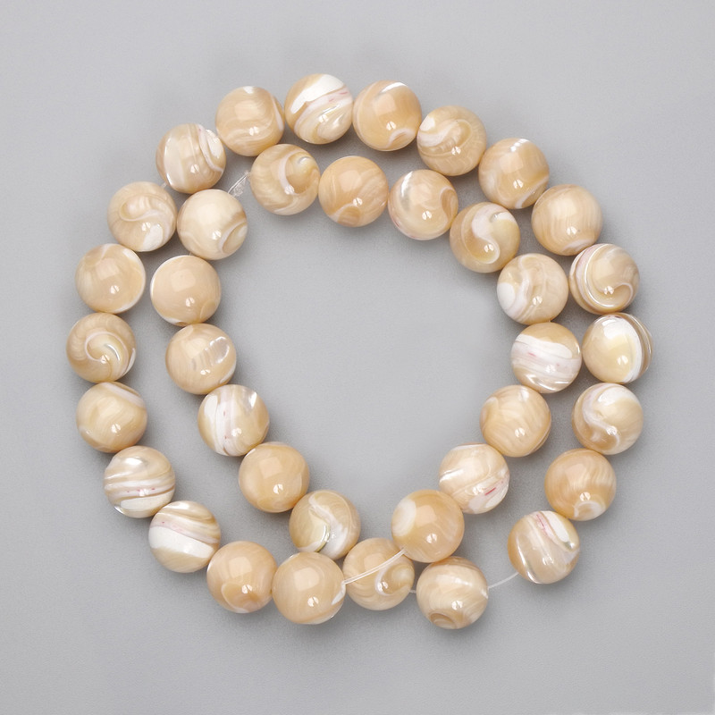 Beige Mother-of-Pearl Beads, Smooth Round, 10.5 mm Diameter, 39 cm on Thread