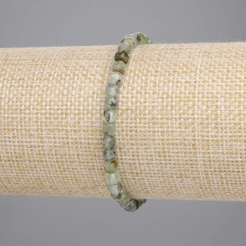 Bracelet with Prehnite, faceted cube beads, 4x4 mm, 18 cm length, stretch