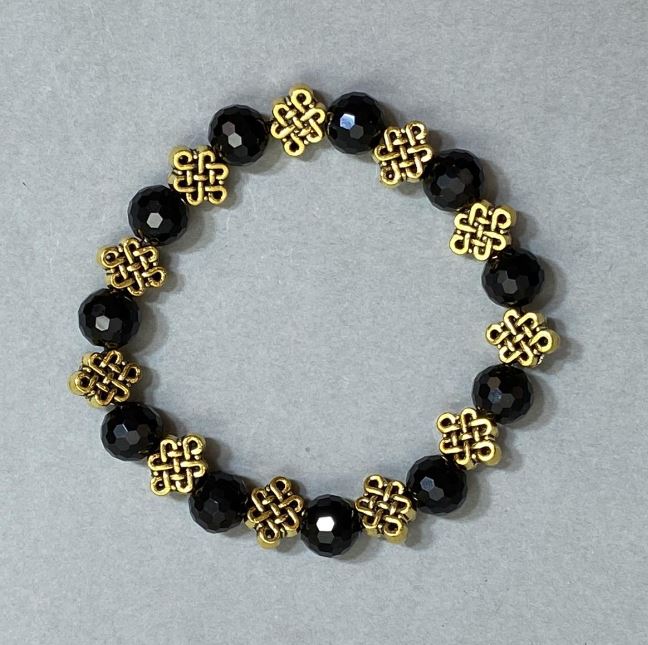 Agate Bracelet (Synthetic) with Czech Glass Faceted Beads, 9.5 mm Diameter, with Metal Inlays, 18 cm Length, Elastic