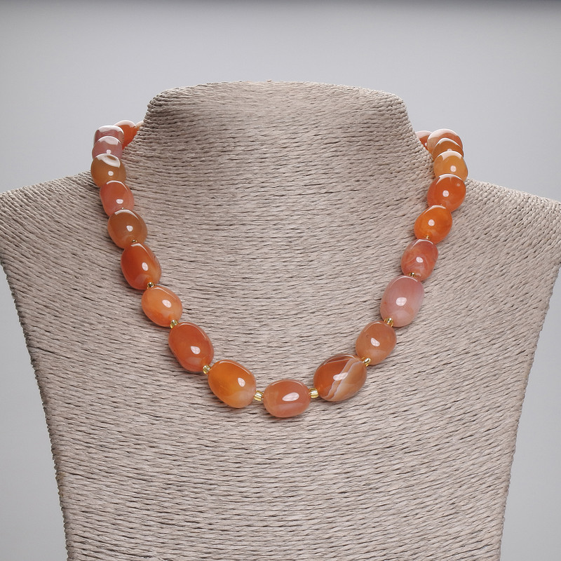 Sardonyx Necklace with Faceted Beads 14–16×11–12 mm and Seed Beads 3 mm, Length 45 cm, with Clasp