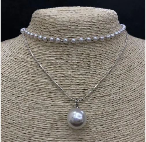 Чокер на шию подвійний «перловий» (акрил) намистина «куля», діаметр 14мм, довжина 32-38 сірий метал