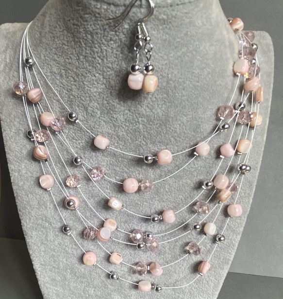 Set of Earrings and Necklace 'On the Strings of the Soul' with mother-of-pearl beads, diameter 7 mm, 7.5×5.5 mm, 5 mm, length 45-50 cm