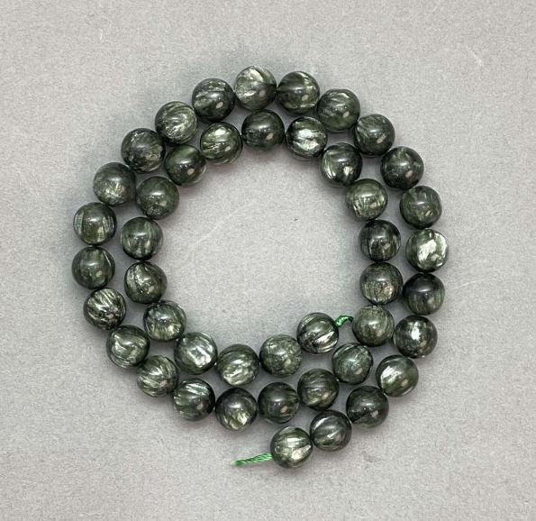 Seraphinite Beads, Natural Stone, Smooth Round Beads, 9 mm Diameter, approx. 40 cm Length on Thread