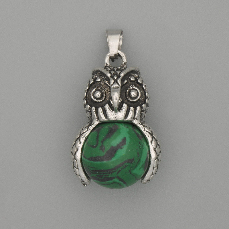 Owl Pendant with Malachite, Silver-Tone Metal, diameter 30x20 mm, length 37 mm ±