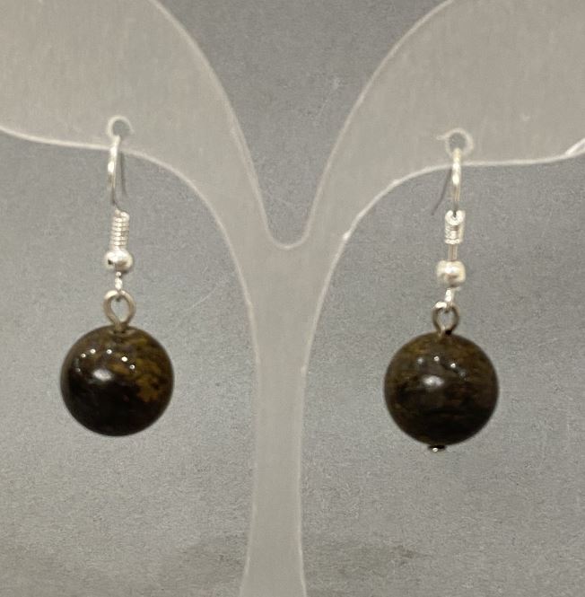 Bronzite Smooth-Bead Earrings, 12 mm Diameter, 35 mm Length+