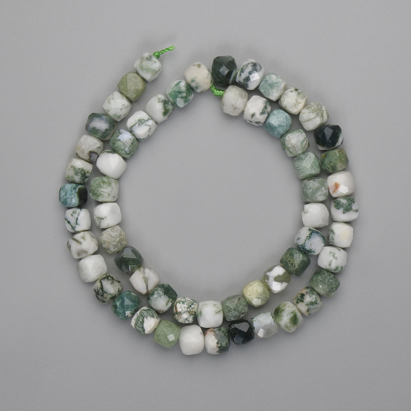 Moss Agate Beads, Faceted Cube 7x7mm, Length 39 cm