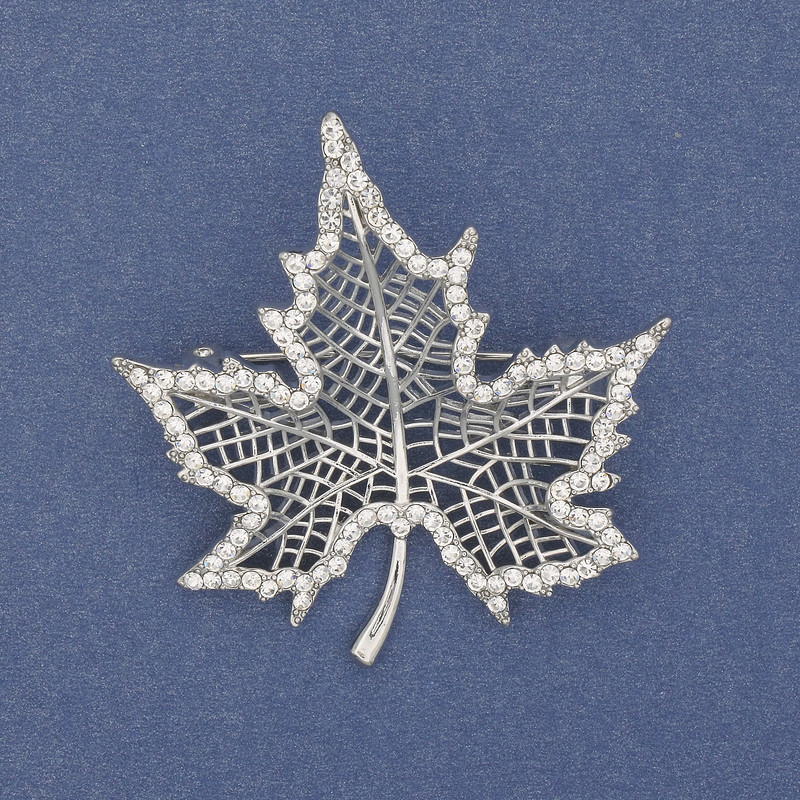 Brooch 'Wedge Leaf' with White Crystals, Silver-Colored Silvery Metal 45x44mm+