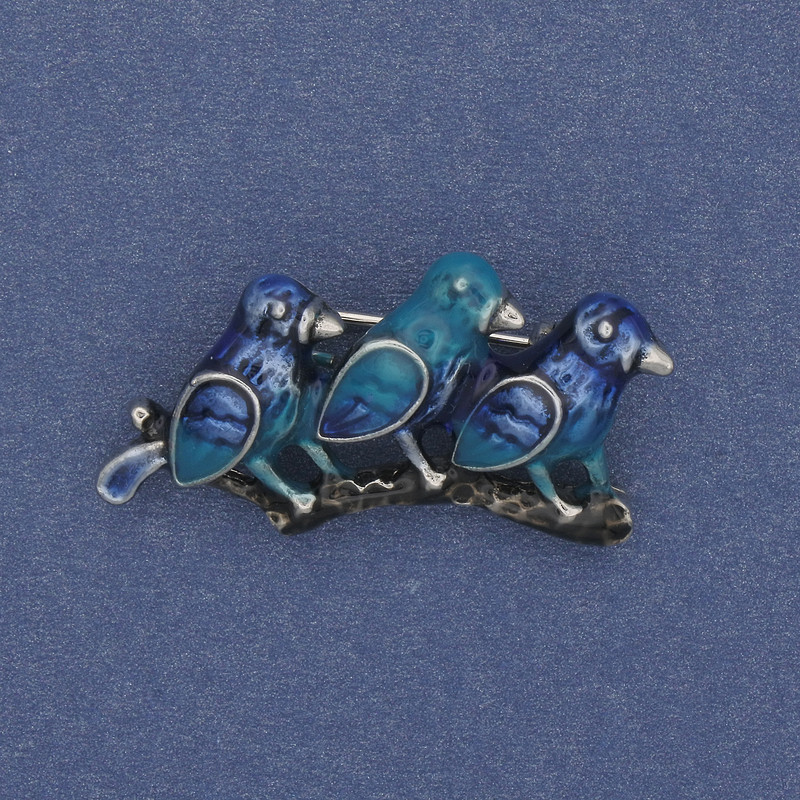 Brooch 'Birds on a Branch' blue enamel silver-tone metal 35×19 mm+