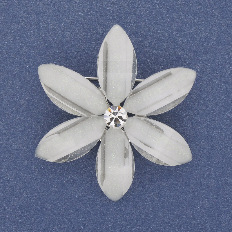 Brooch-pendant White Flower with Acrylic Rhinestone Silver-Tone Metal 45mm+