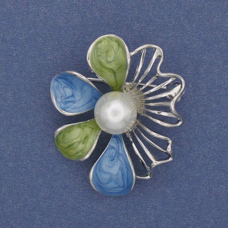 Brooch-pendant Flower, enamel, pearl, silver-tone metal, 40×32 mm