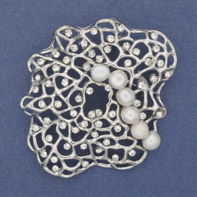 Accent Brooch-Pendant with White Pearls, Crystals, Silver-Colored Metal 55×64 mm+