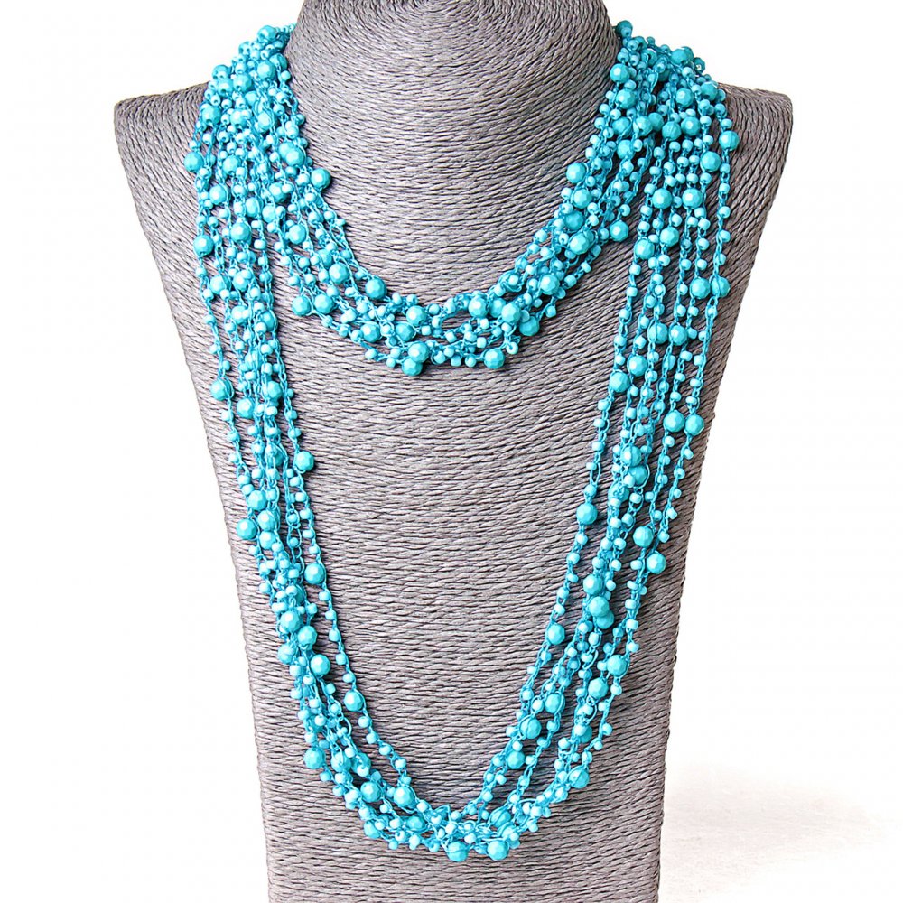 (140 cm) Spiderweb Necklace with Round Pendants Blue