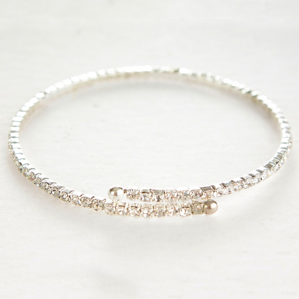 Slim Spiral Bracelet for a Single Wrap with White Small Crystals; Circumference 18–22 cm