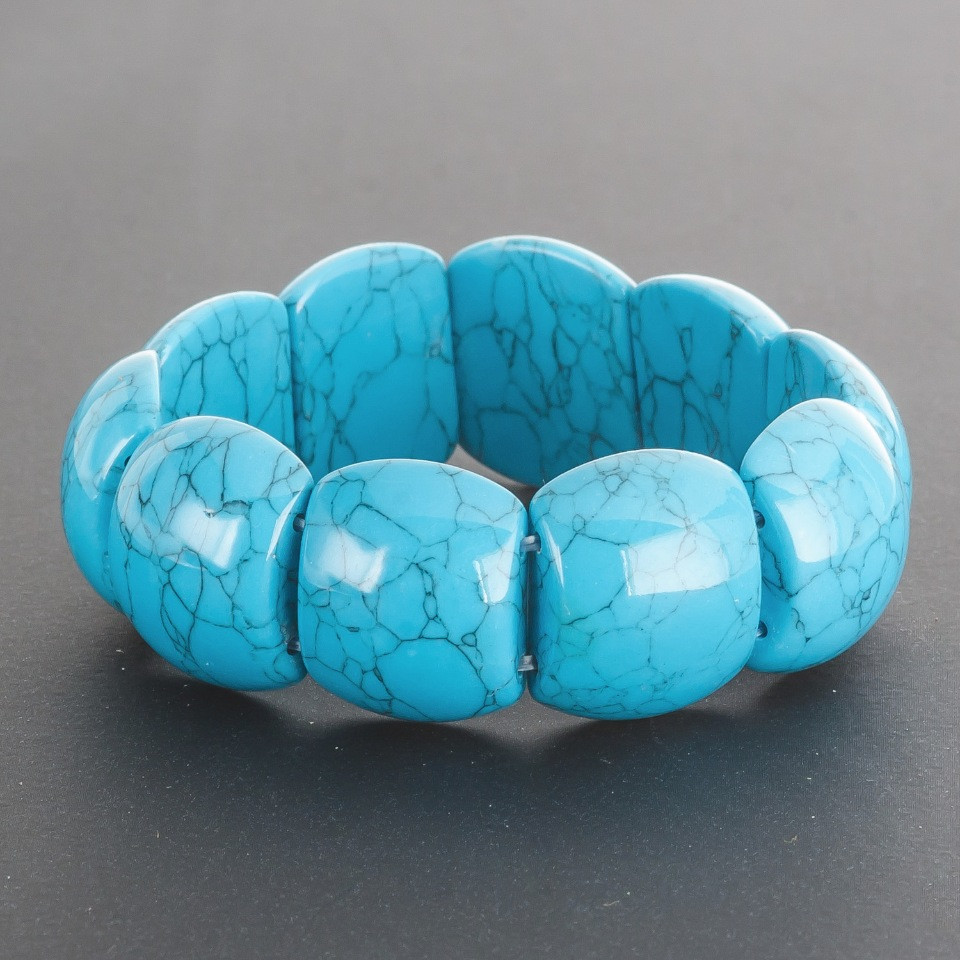 Turquoise Bracelet (pressed) on elastic, glossy convex rectangular link 1.8 x 2.1 cm