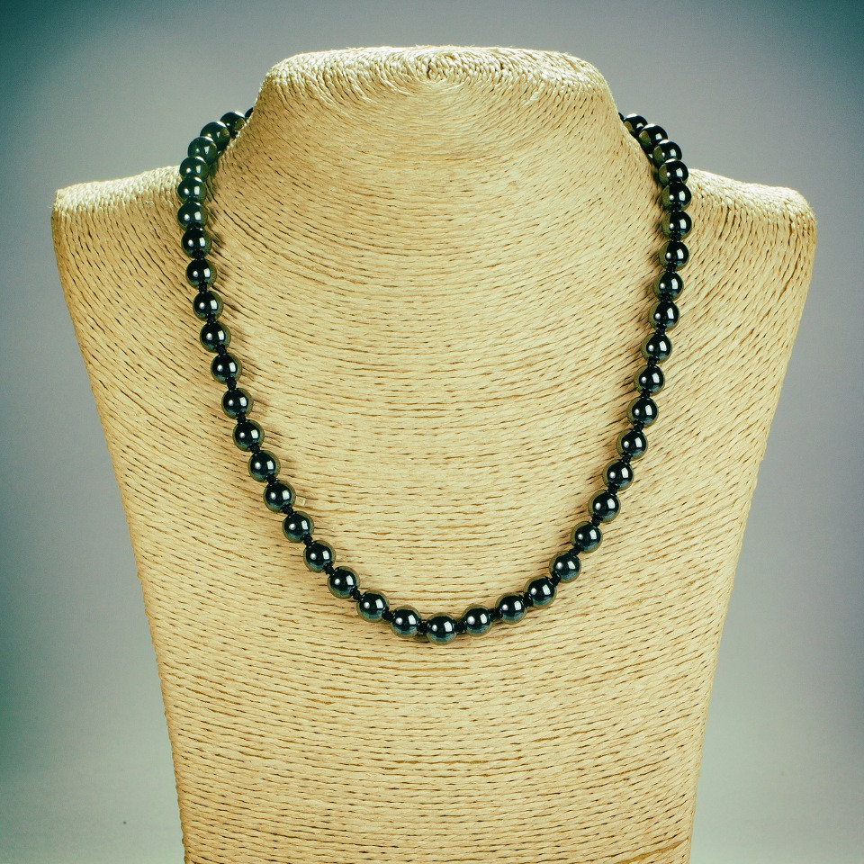 Hematite natural stone necklace with smooth beads, length 45 cm, 8 mm diameter