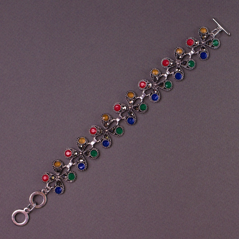 Ethno Women's Bracelet with Multicolored Stones and Rhinestones, 20-23 cm