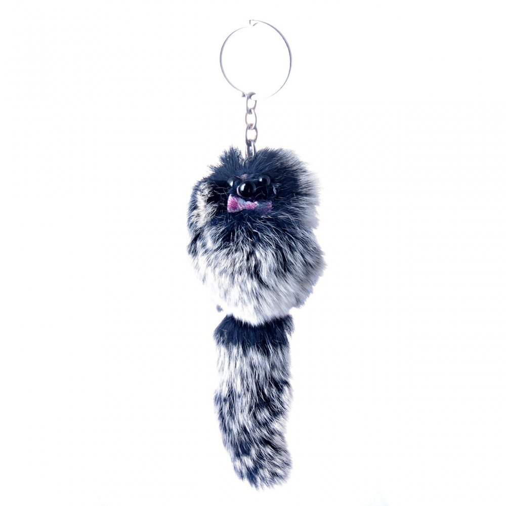 Fur Pom-Pom Keychain on Elastic Cord, Natural Fur, Furry Critter, 15 cm