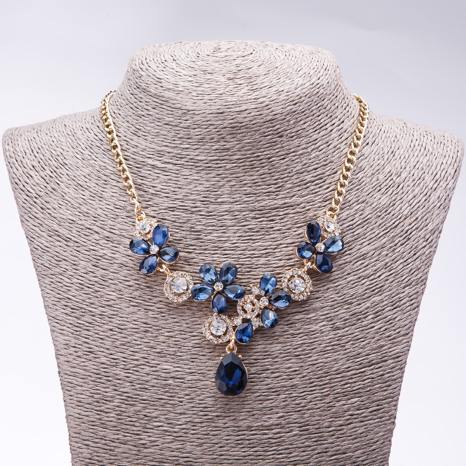Evening necklace with blue crystals "Precious Flowers", length 42-49 cm