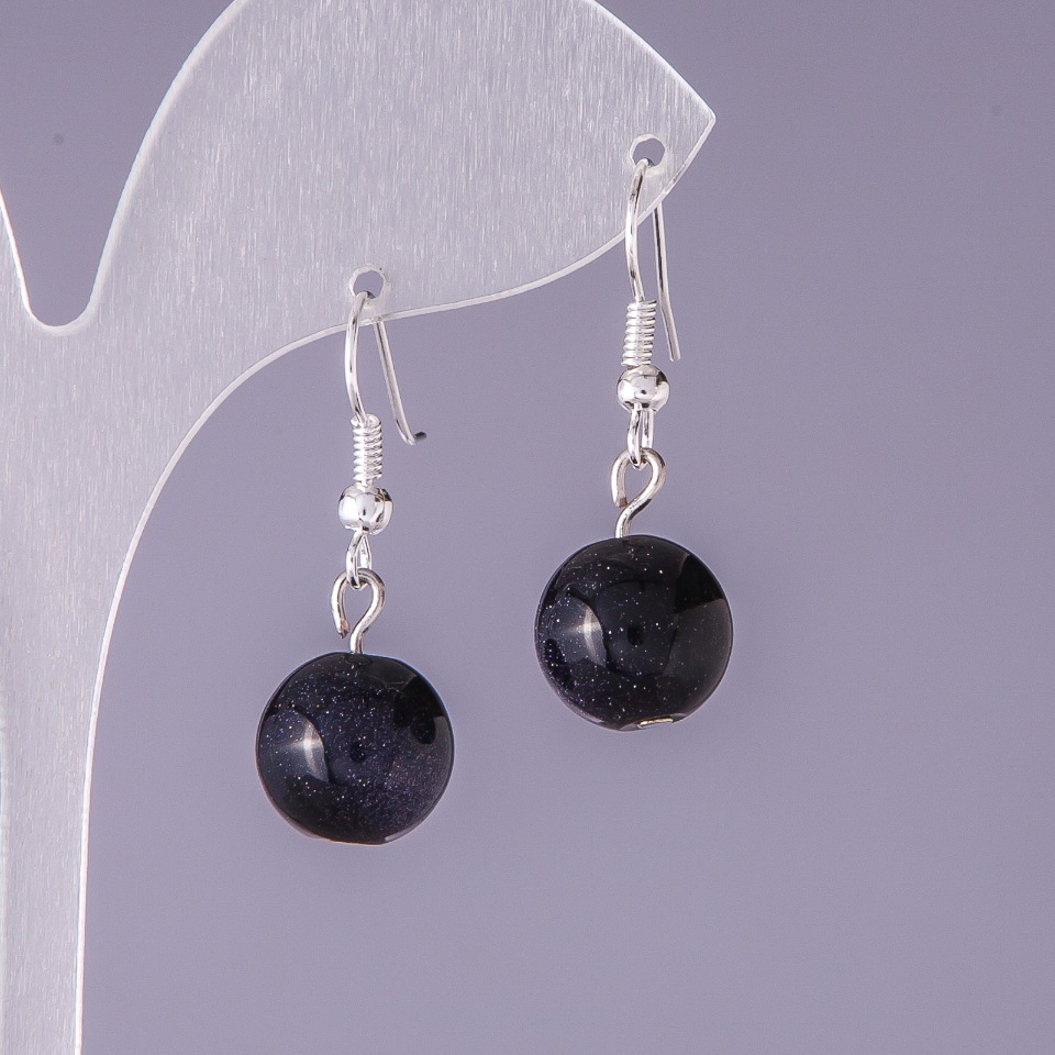 Earrings Aventurine Stone Blue Sand Cairo Night Smooth Ball, 12 mm Diameter, 3 cm Length