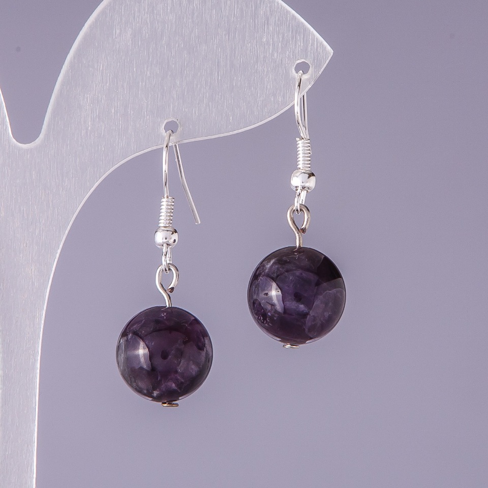 Earrings with natural amethyst stone, smooth ball, diameter 12 mm, length 3 cm