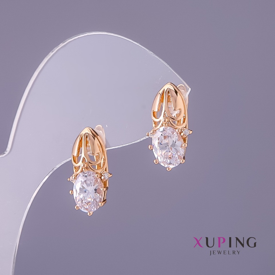 Xuping Earrings with White Stones, 8mm Diameter, 17mm Length, Gold Color