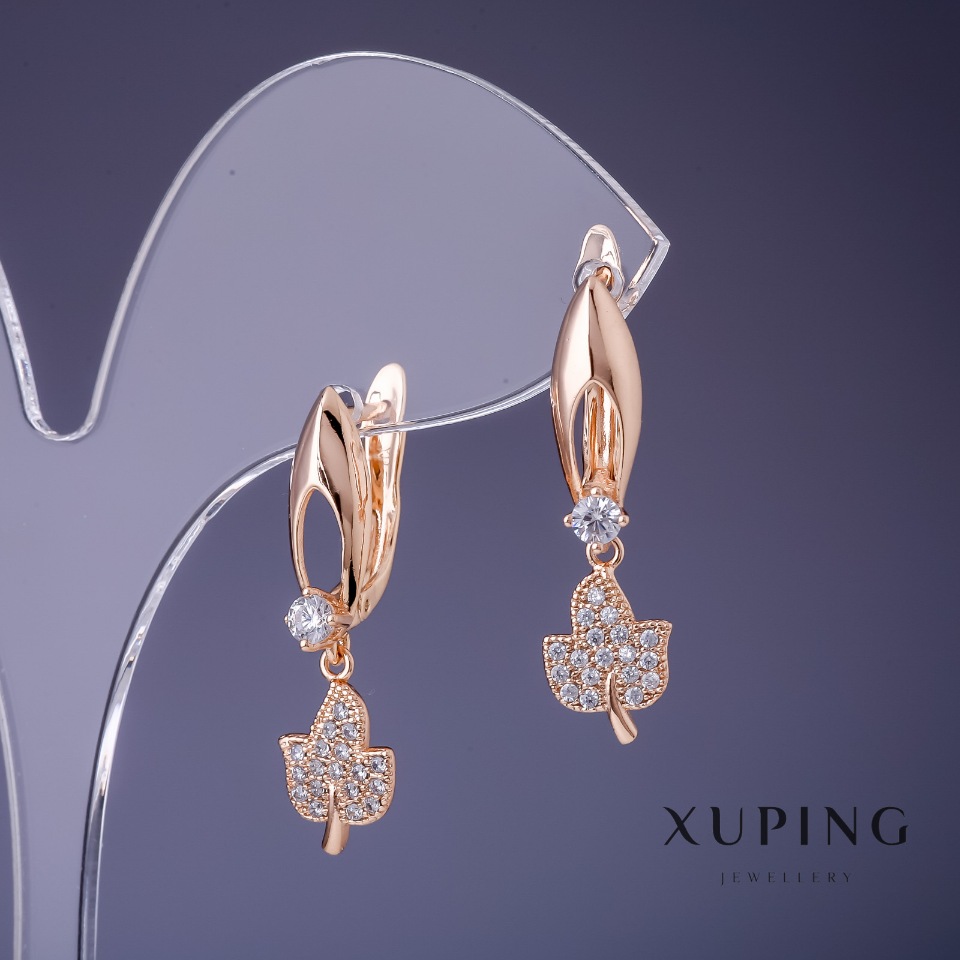 Xuping Earrings Leaves with White Crystals 25x5mm '18K Gold Plating'