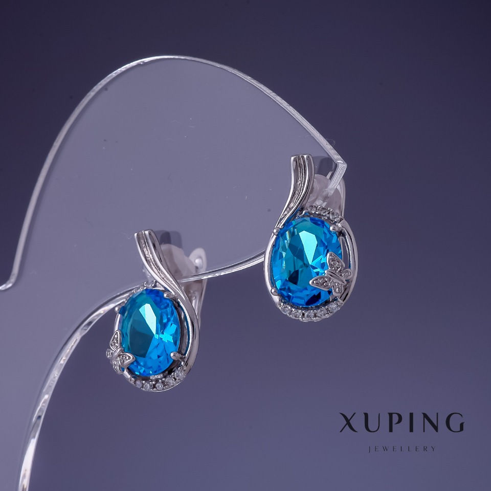 Xuping Zircon Blue Topaz Earrings 17x10mm Rhodium