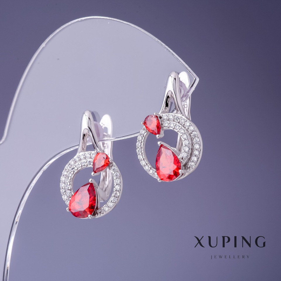 Xuping 13x21 mm rhodium-plated earrings with a red stone