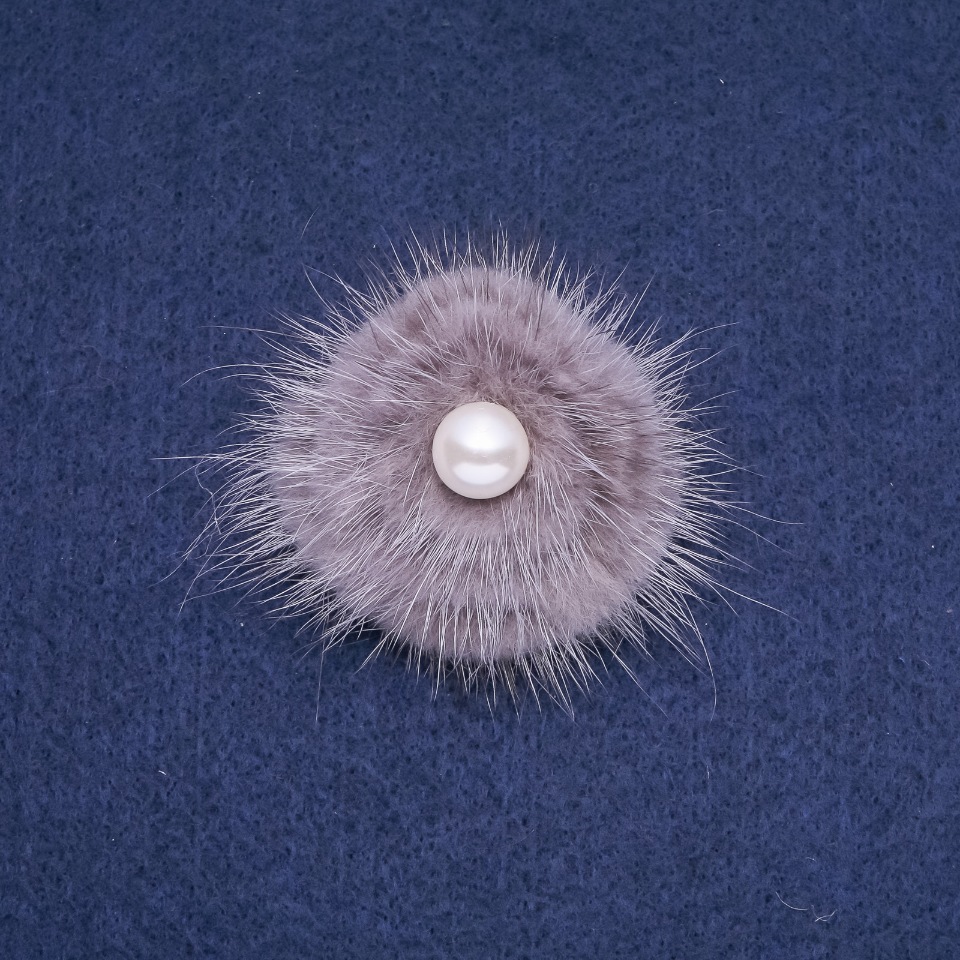 Grey mink fur brooch with bead, 50 mm diameter