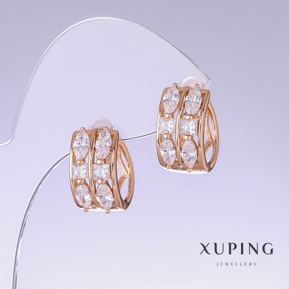 Xuping Earrings with White Cubic Zirconia, 18mm length, 9mm thickness, 18K Gold Plating