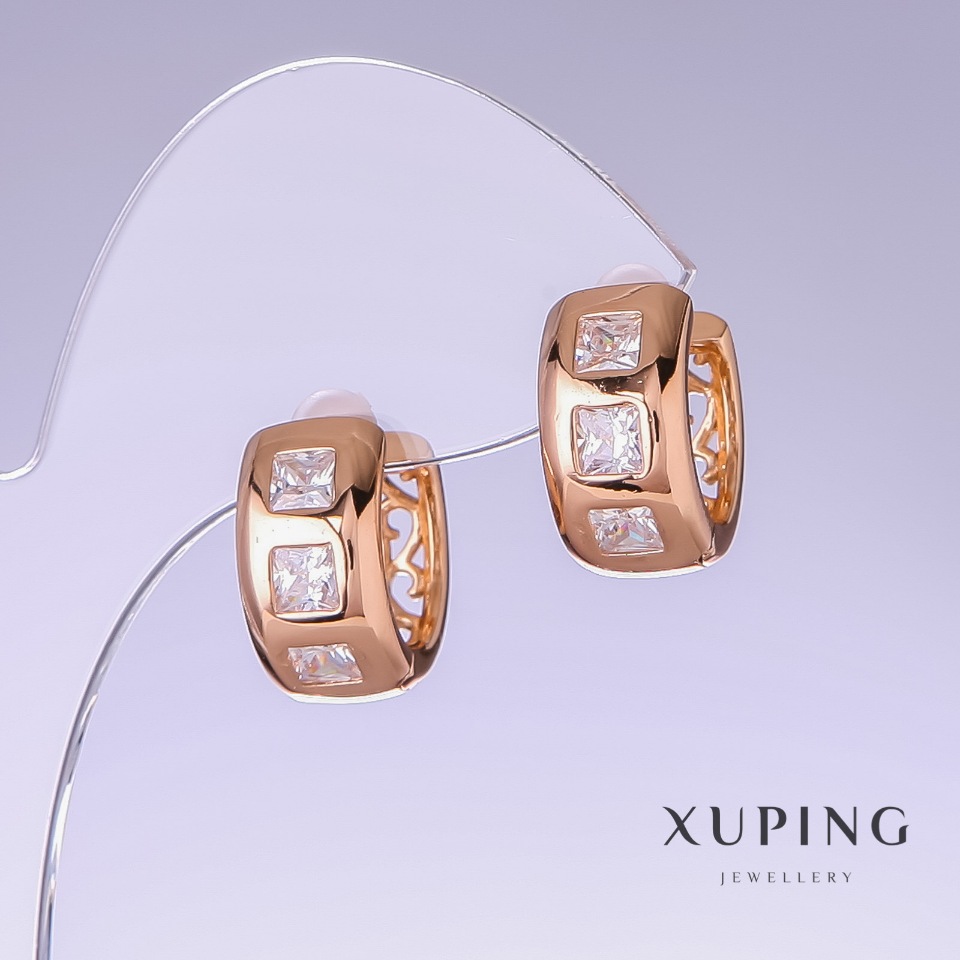 Xuping Earrings with White Zircon, 17 mm length, 8 mm thickness, 18K Gold Plating