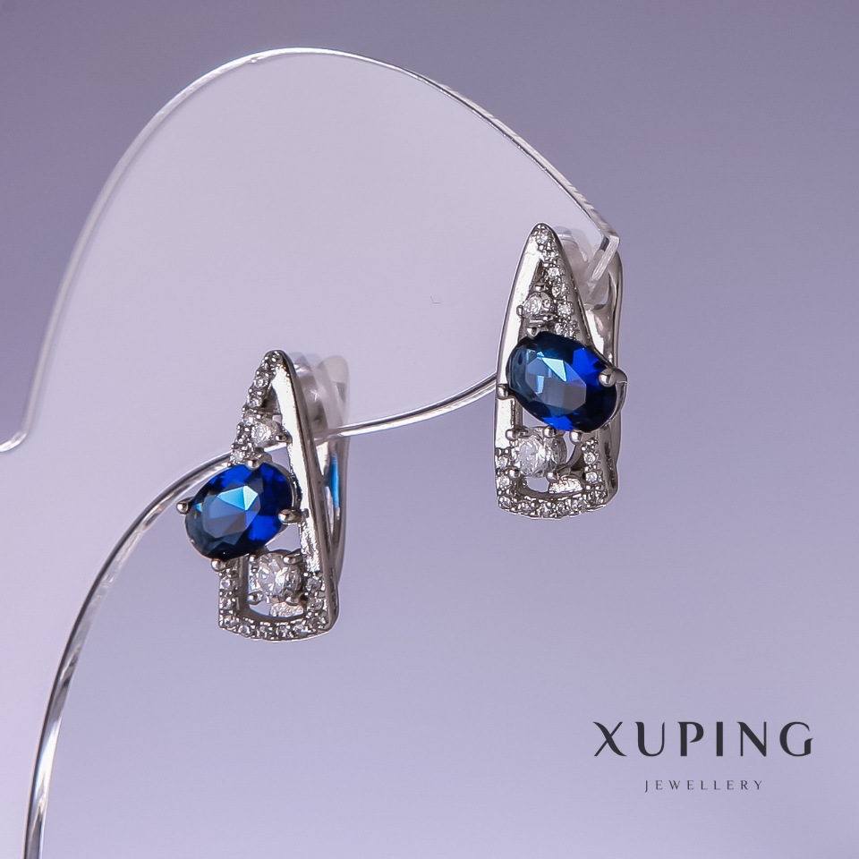 Xuping Earrings with Blue Cubic Zirconia 17x8mm Rhodium-Plated