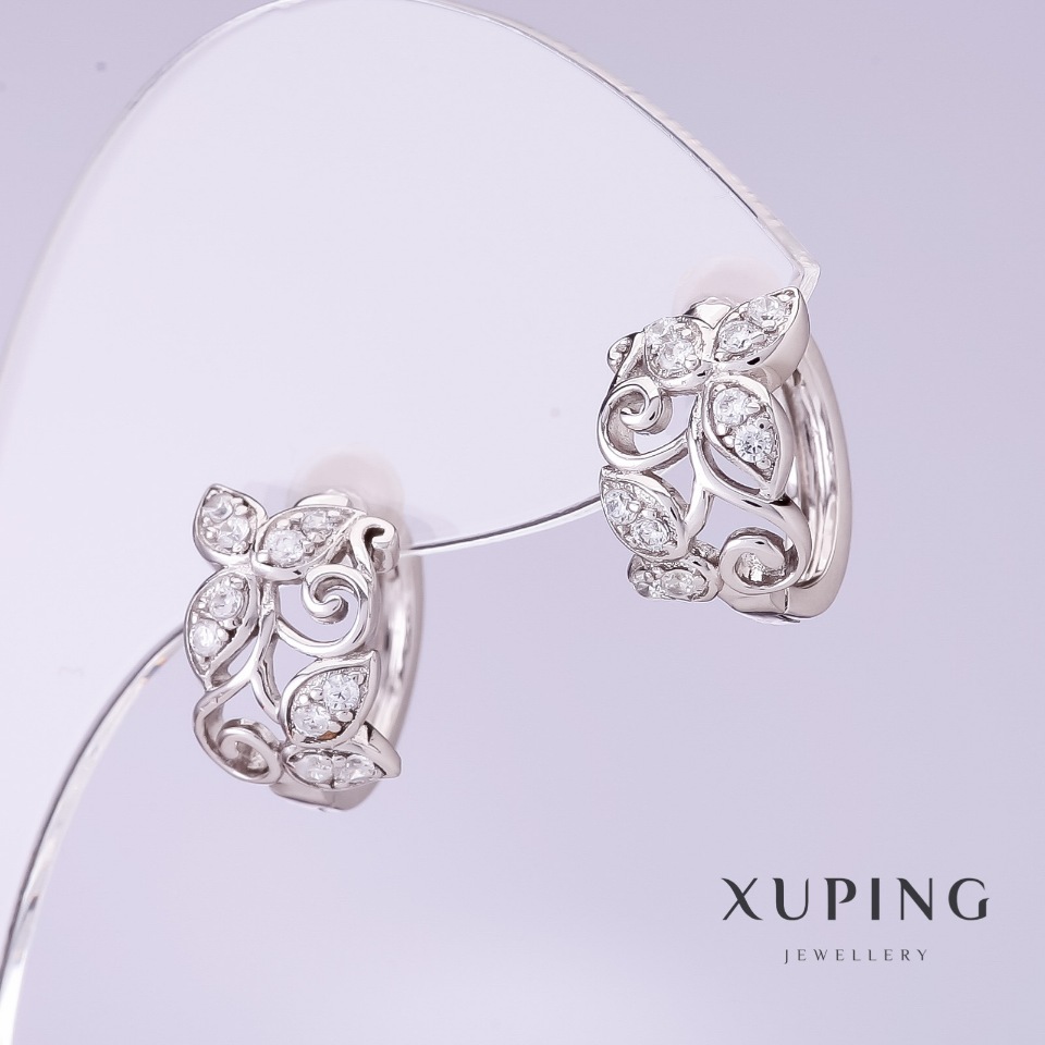 Xuping Earrings with White Crystals, 8 mm diameter, 12 mm length, rhodium-plated