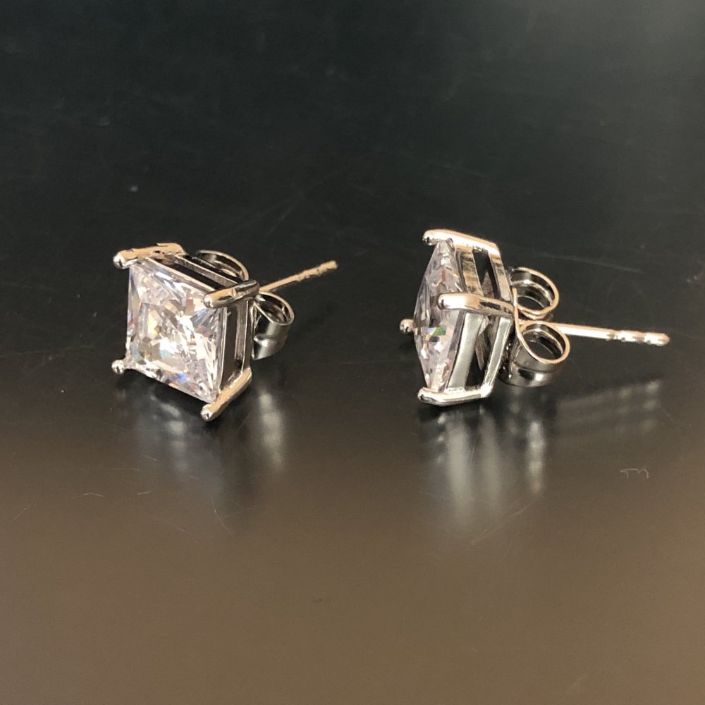 Xuping Rhodium-Plated Stud Earrings with White Stones, Square 8mm Setting +