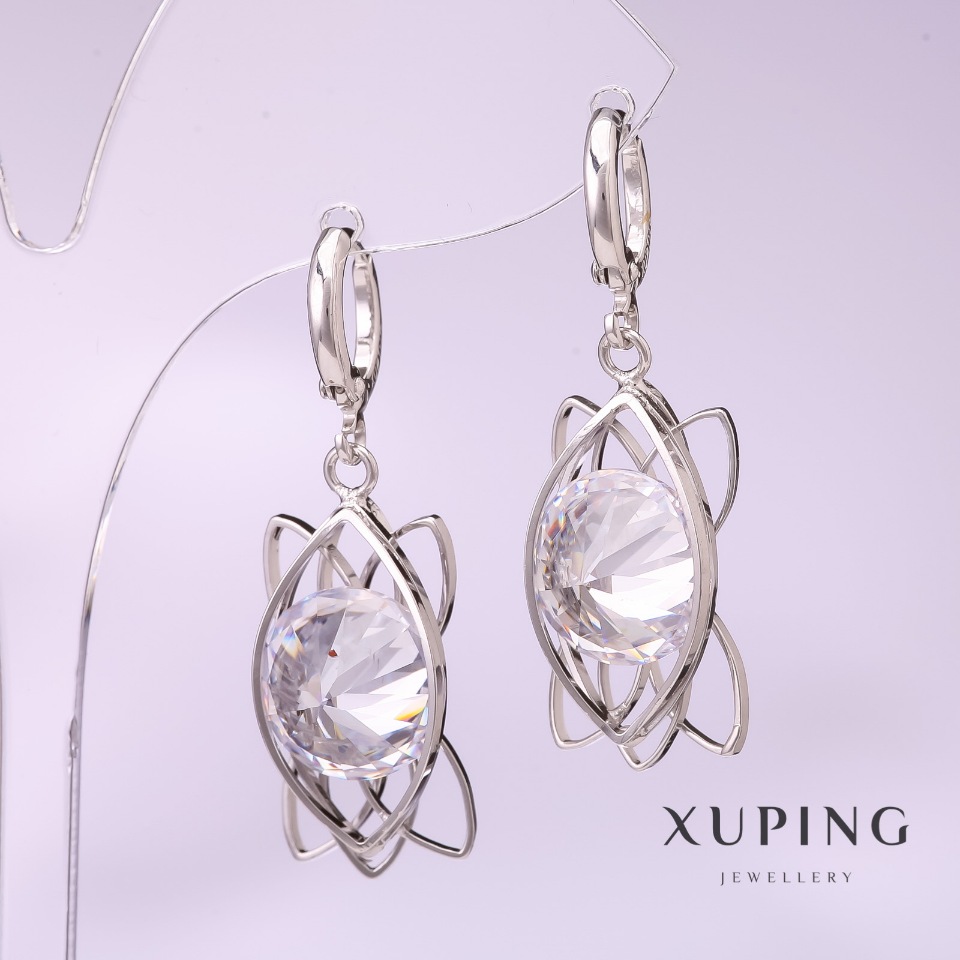 Xuping Earrings with White Stone, Rhodium-Plated, 40x12mm