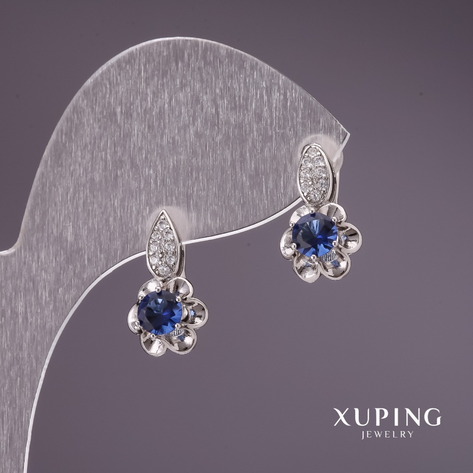 Xuping earrings with blue stones, 17x9 mm, rhodium-plated