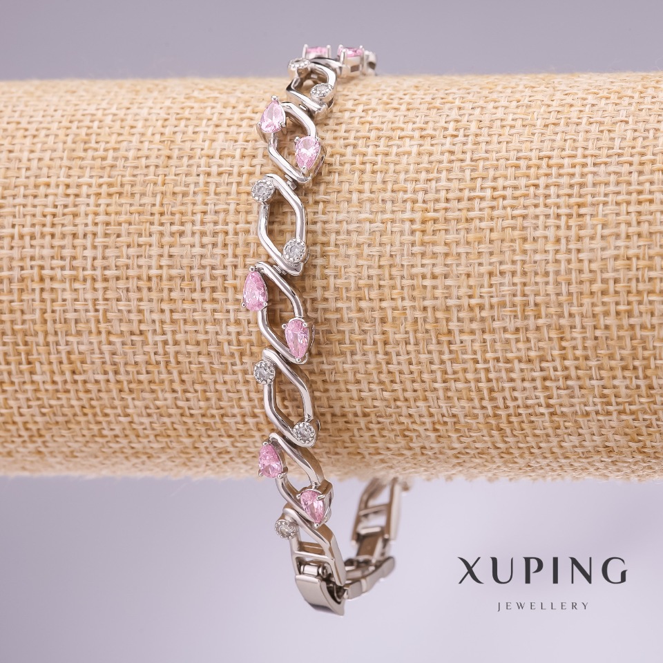 Xuping bracelet with pink stones, 9 mm thick, 17-19 cm long, rhodium-plated with extender chain
