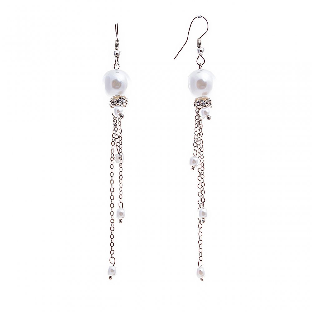 Drop earrings with white pearls (them) and rhinestones on chains, silver-tone metal, 95mm