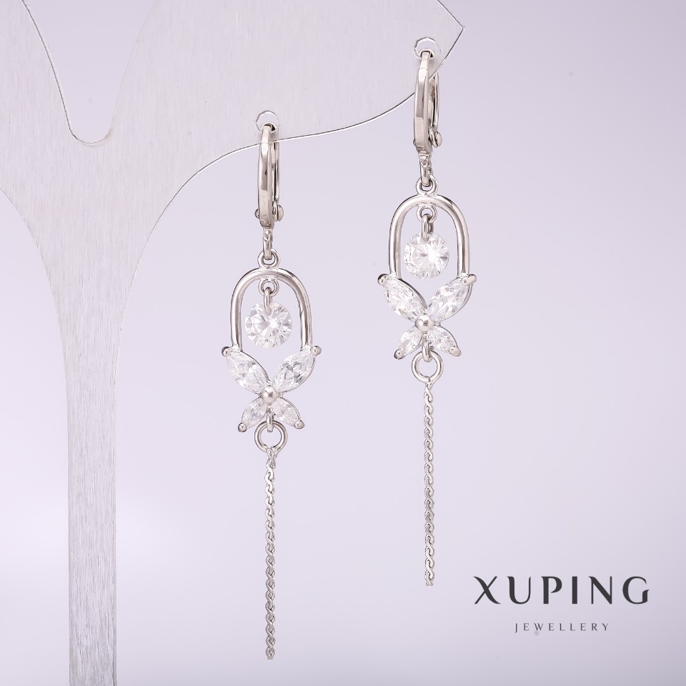 Xuping Earrings with White Stones 55×10 mm Rhodium