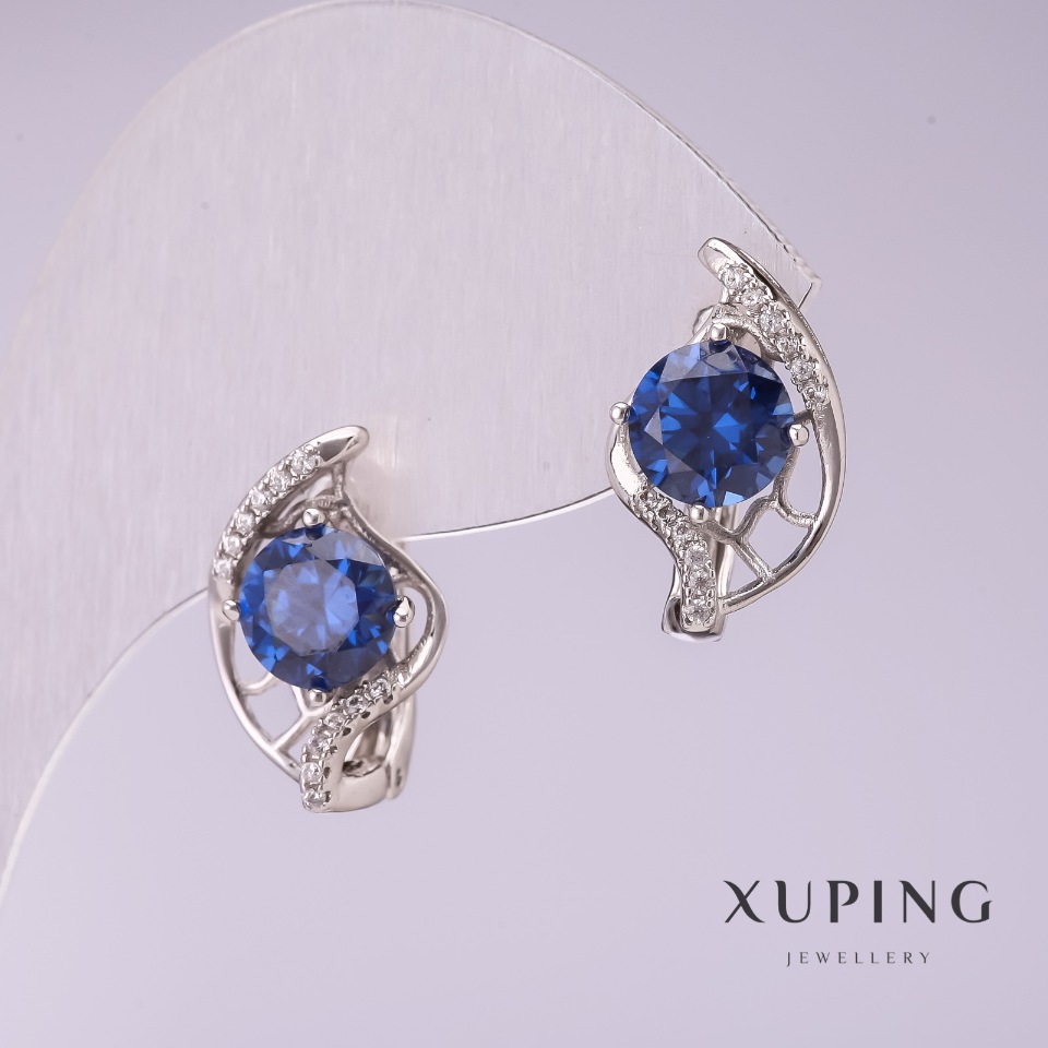 Xuping earrings with blue stones 17x10mm rhodium