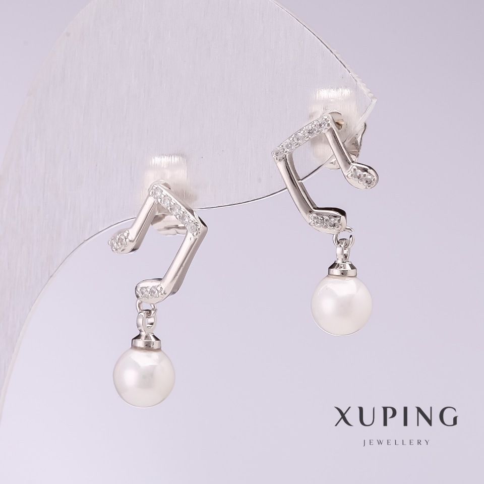 Xuping Earrings 'Notes' with White Mallorca Pearls 20x6mm Rhodium