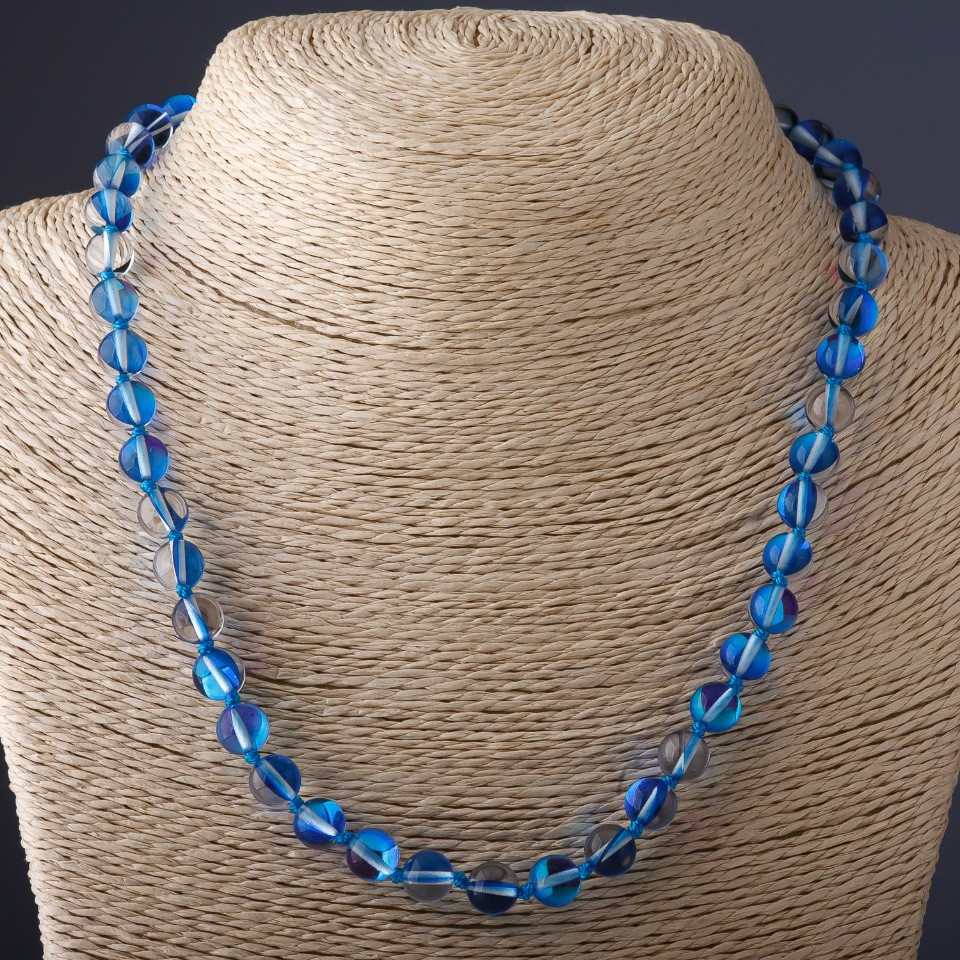 Beaded necklace 'Opal Glass' blue, 8 mm diameter