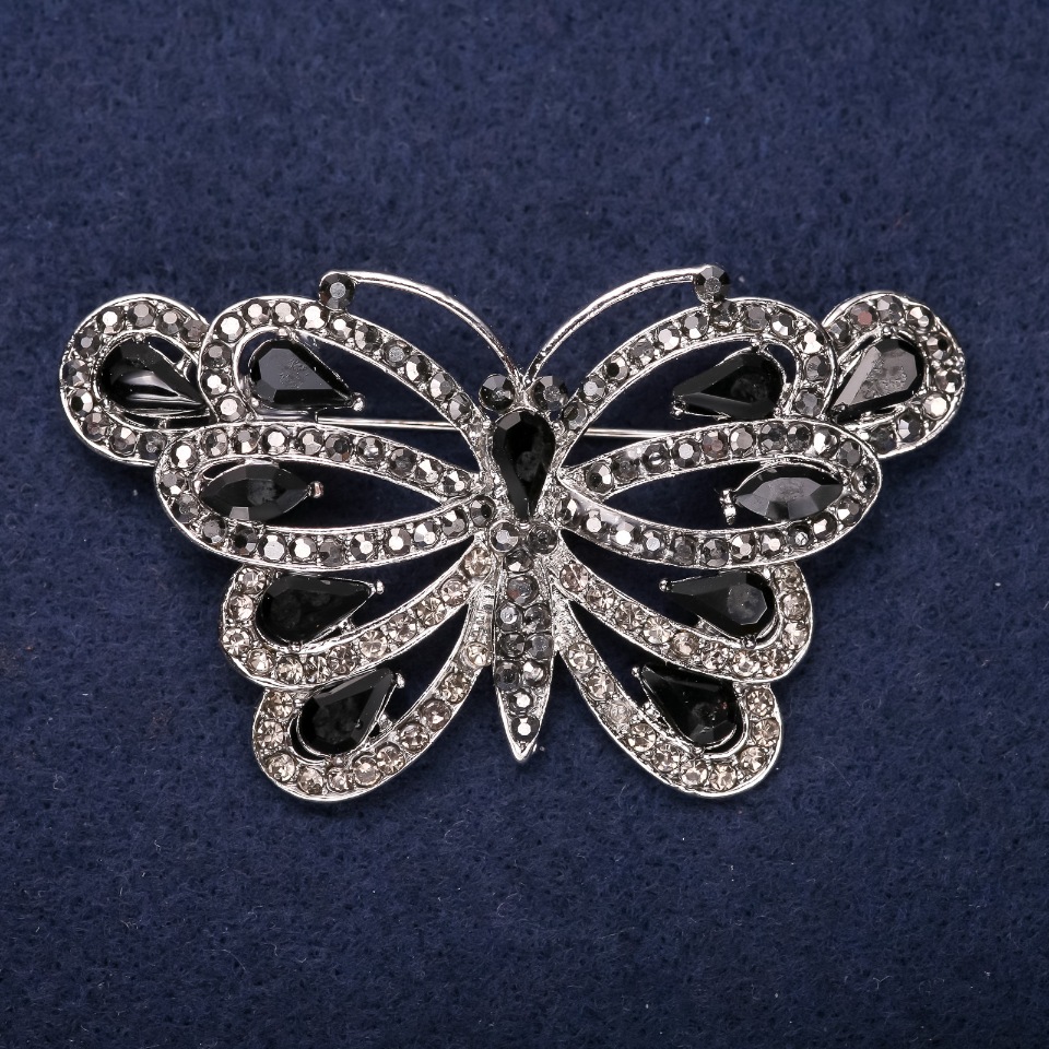 Butterfly Brooch with Black Crystals, 39×67 mm, Silver-Tone Metal